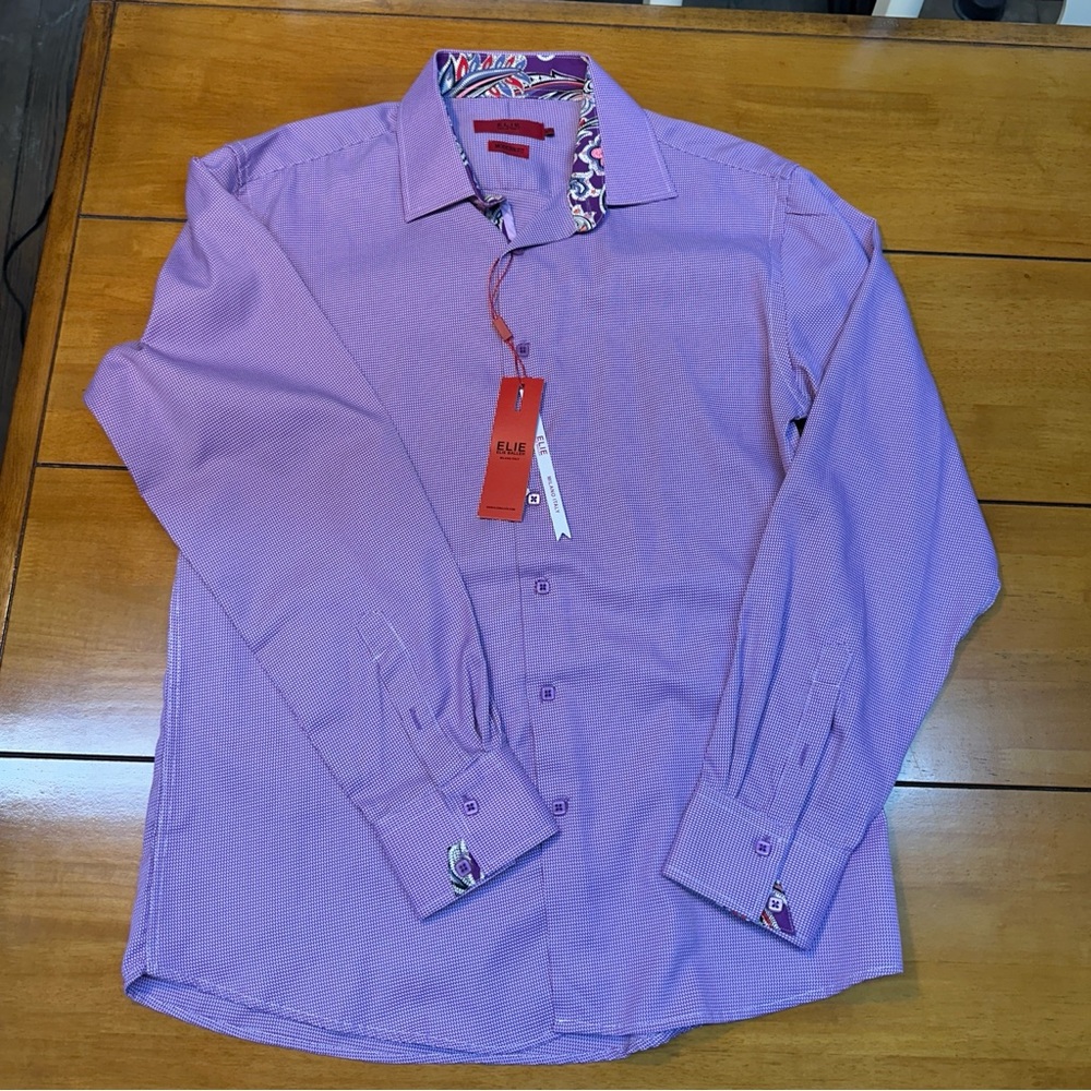 Elie Men's Purple Long-Sleeve Pattern Dress Shirt with Paisley Lining